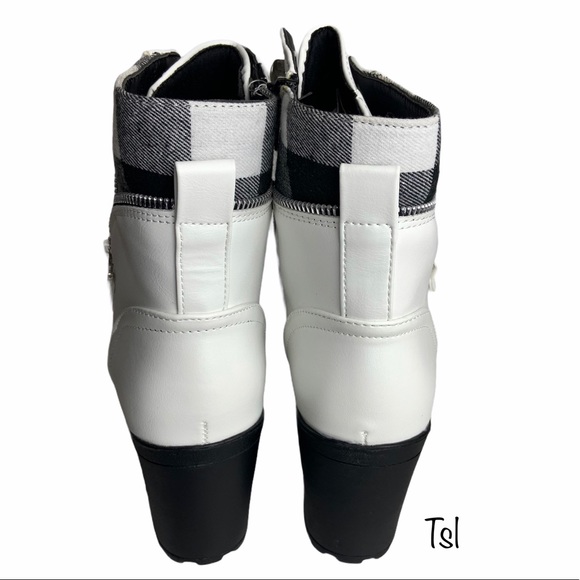 White Lace Up Chunky Heel Plad Inset Combat Boot - Picture 4 of 9